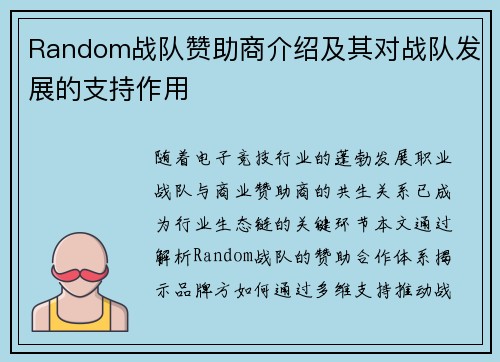 Random战队赞助商介绍及其对战队发展的支持作用